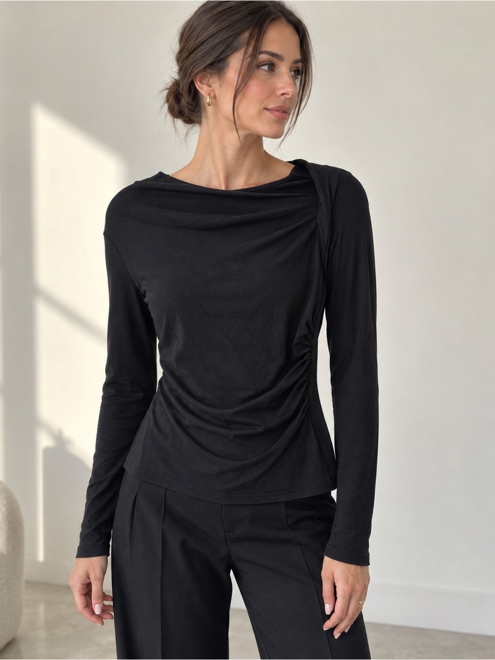 COMMENSE Black Asymmetrical Draped Ruched Long Sleeve Top